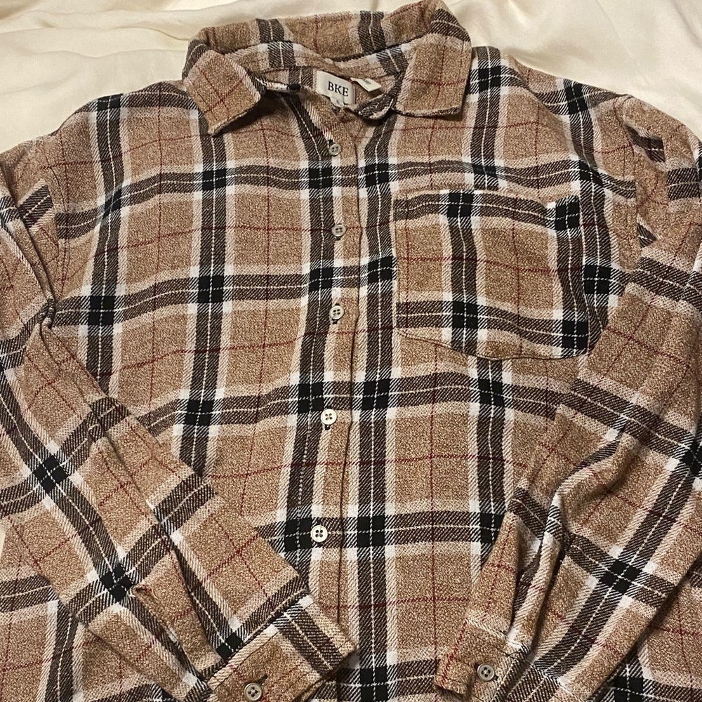 BKE Women's  Tan and Black Plaid Button Down Shirt